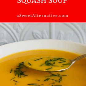 butternut squash soup in a white bowl.