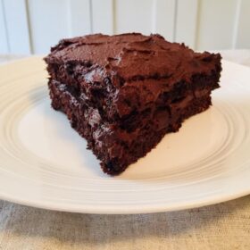 A big slice of chocolate cake on a white plate.