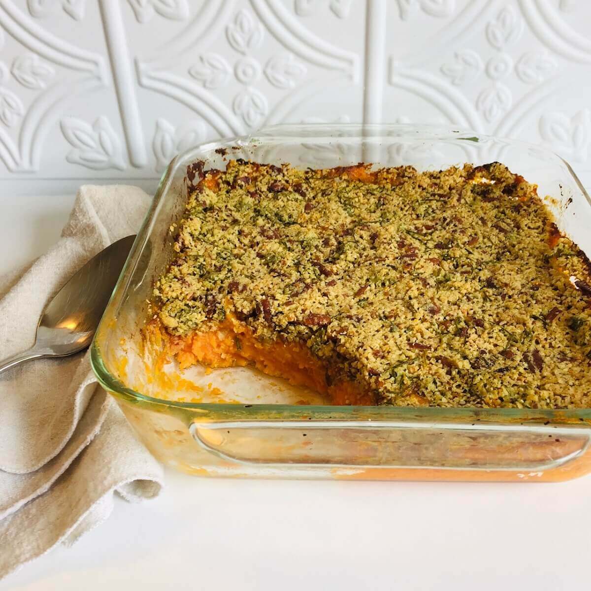 A casserole in a glass baking dish.