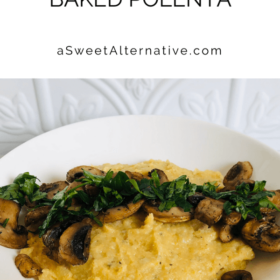 A bowl of polenta against a white tile background.