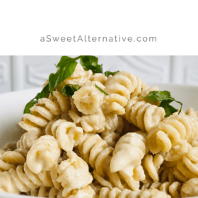 Pinterest image of a bowl of pasta.