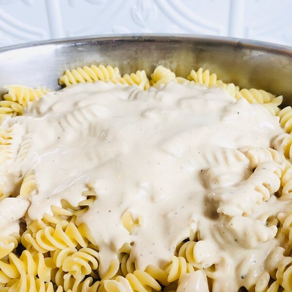 Pasta smothered in a creamy white sauce.