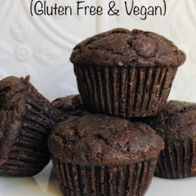 Five dark brown muffins displayed on a plate.