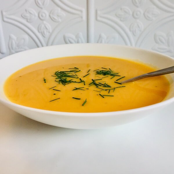 Butternut squash soup in a bowl.