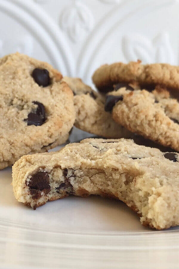 Chocolate chip cookies arranged on a plate.