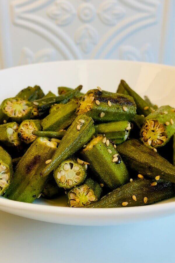 Okra in a white bowl.