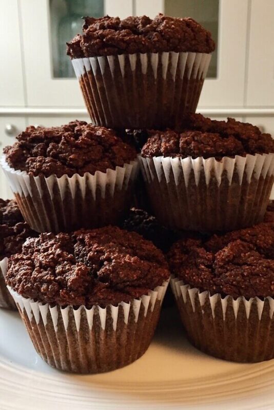 Muffins stacked on a plate.