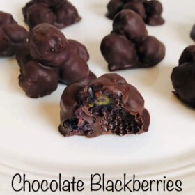 Chocolate covered berries with a bite missing from one.