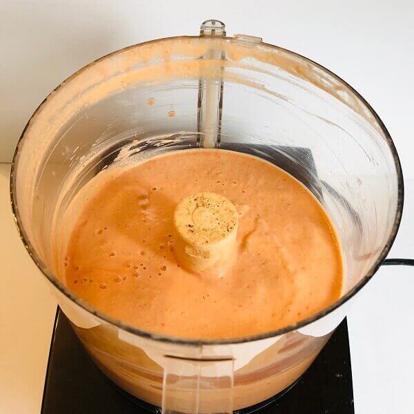 Blended sauce in a food processor.