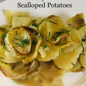 Scalloped potatoes sprinkled with fresh chives.