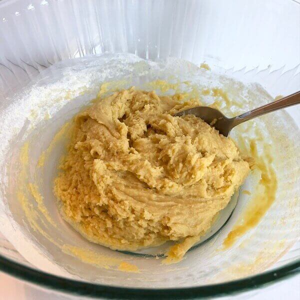 Cookie dough in a glass bowl.