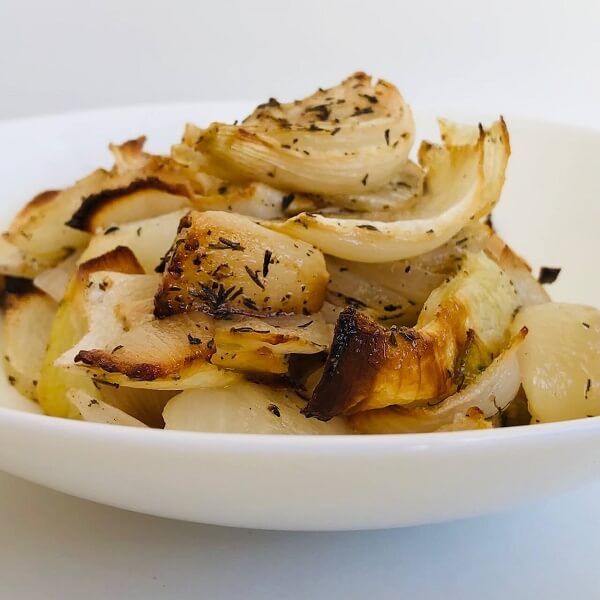 Baked onions in a bowl.