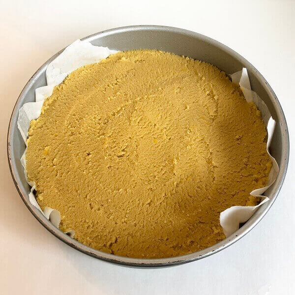 Cake batter in a baking pan.