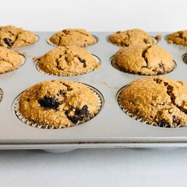 Freshly baked muffins in a pan.