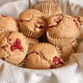 Muffins piled high in a basket.