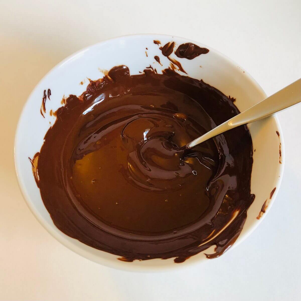 A bowl of warm, melted dark chocolate.