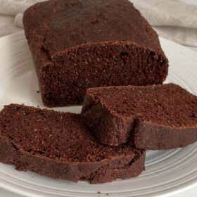 Chocolate flavor bread on a white plate.