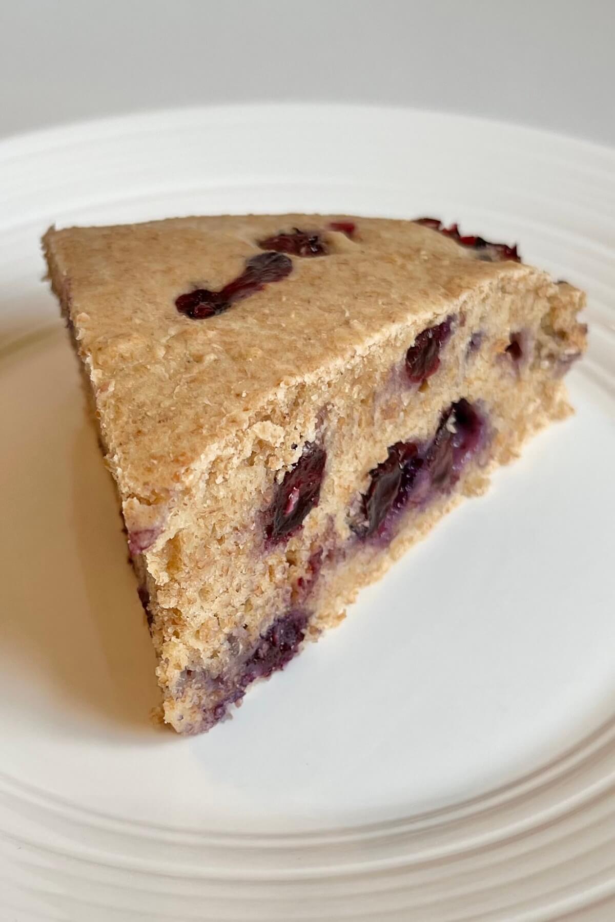 A large slice of blueberry cake on a plate.
