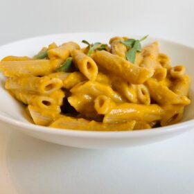 A bowl full of penne noodles smothered in sweet potato pasta sauce.
