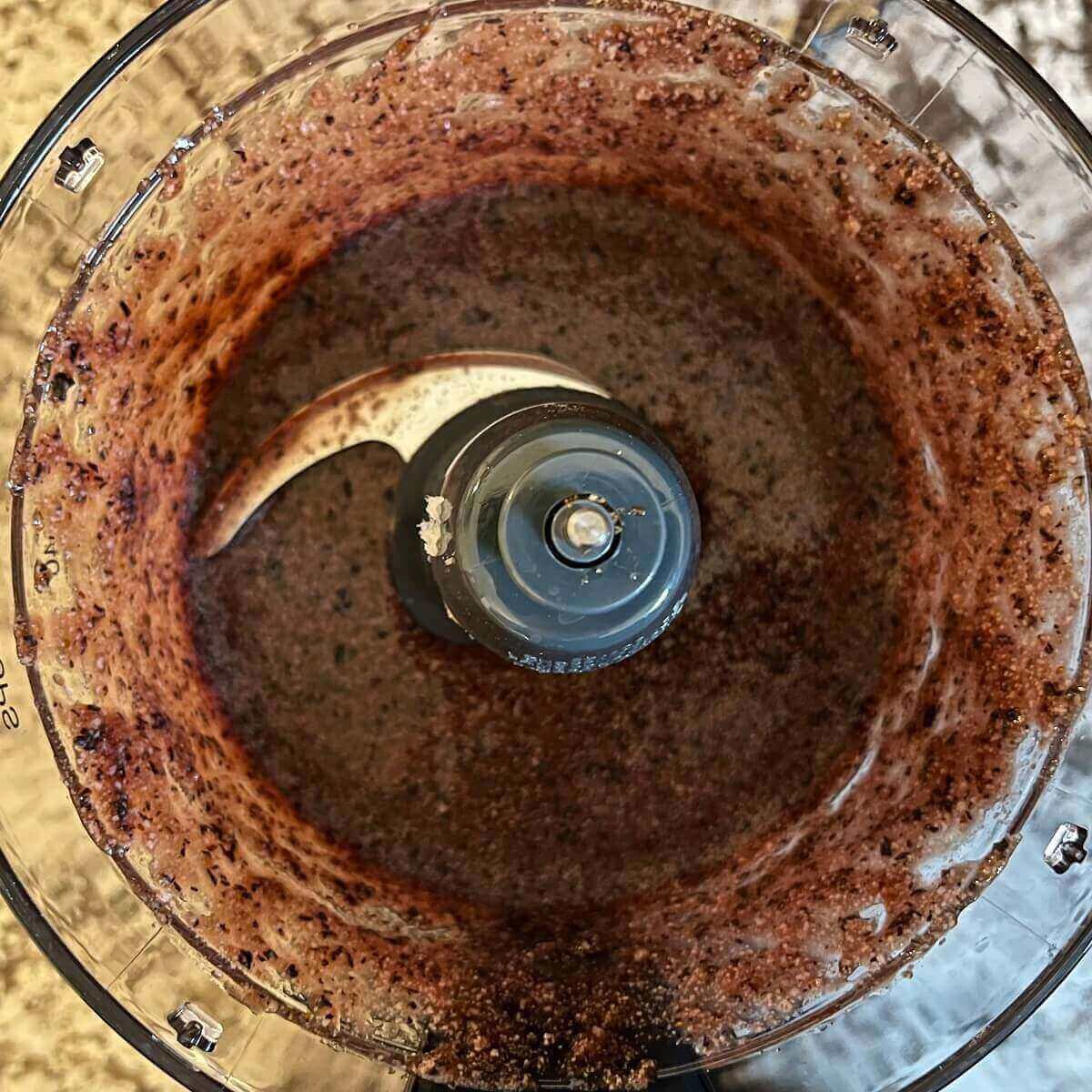 Wet ingredients blended in a food processor.