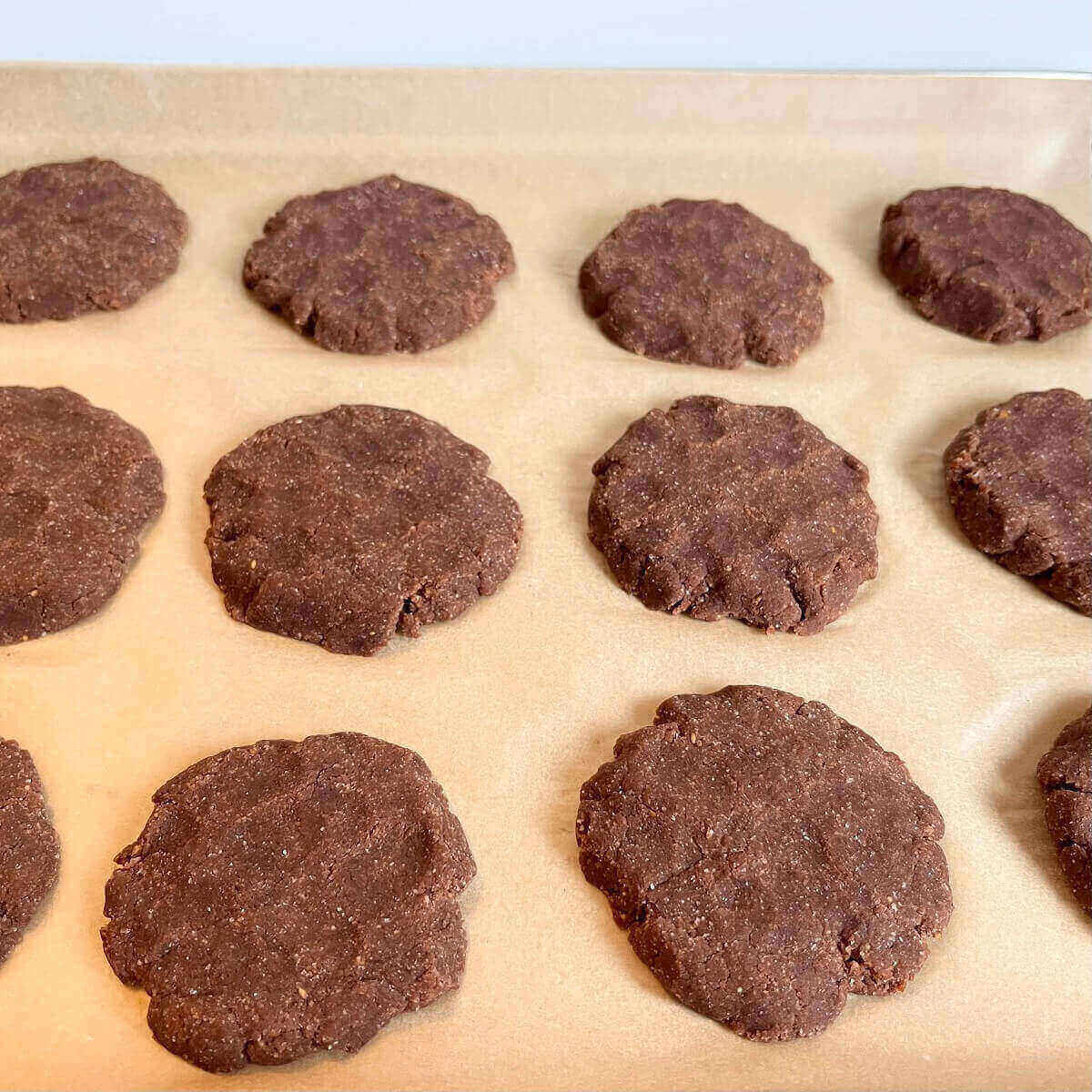 Raw chocolate cookies on a sheet pan.