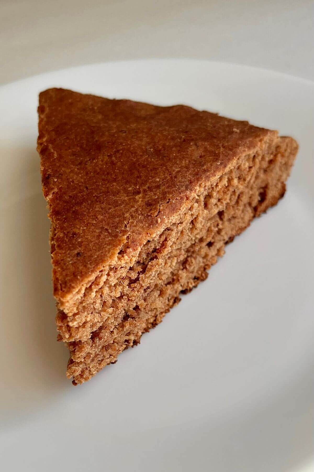 A slice of brown cake on a plate.