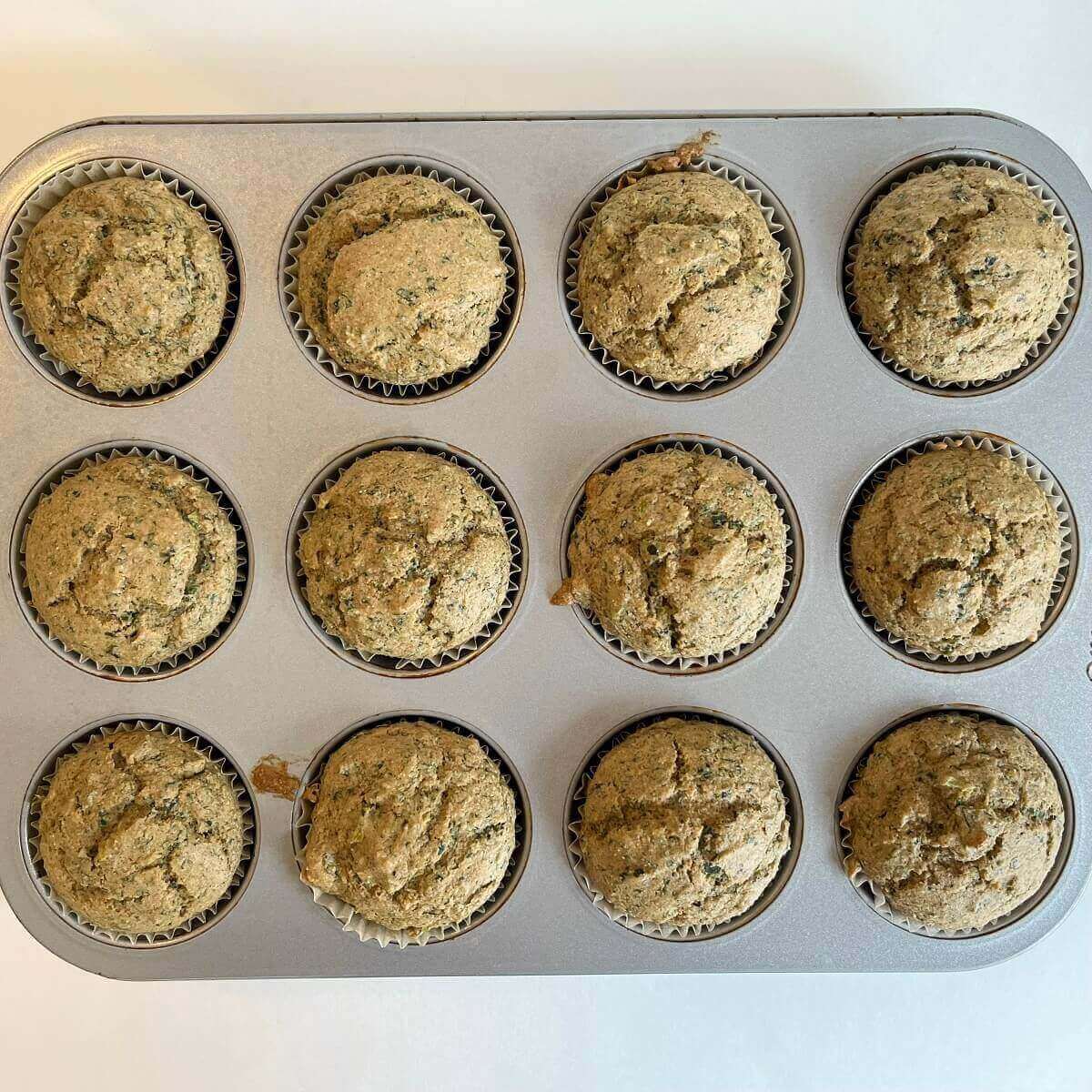 Hot muffins in a metal muffin pan.