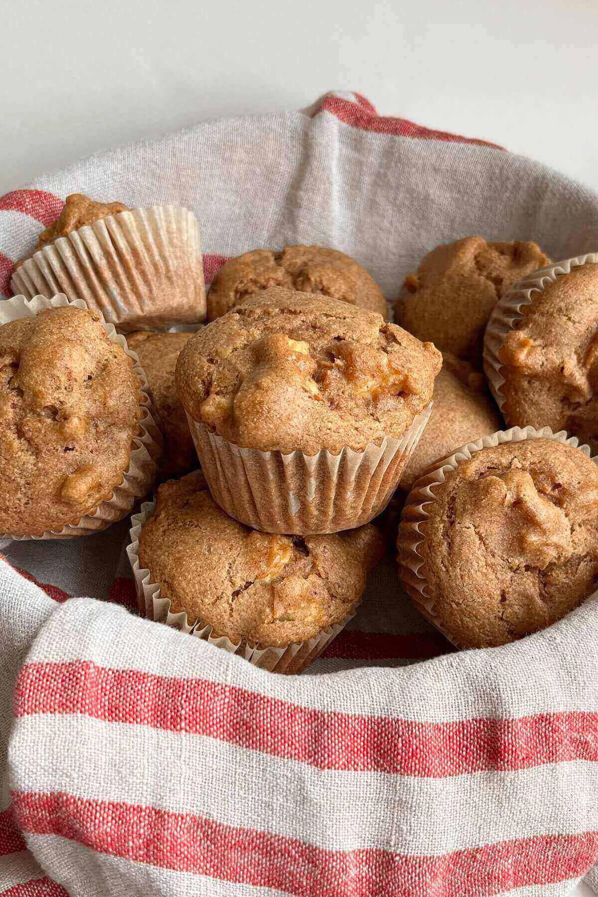 Muffins in a basket lined with a tea towel.