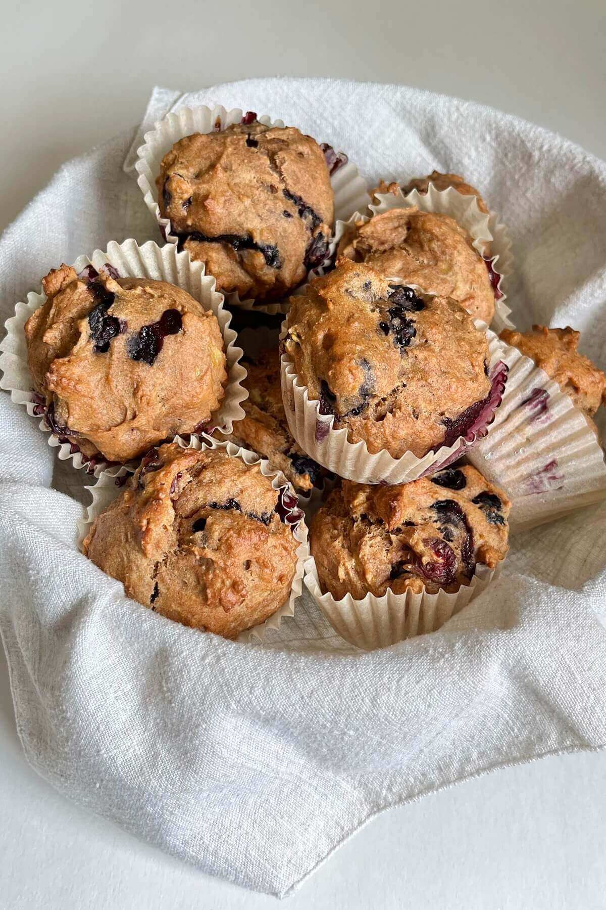 Banana blueberry muffins in a basket.