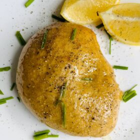 Vegan chicken on a plate.
