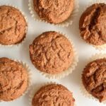 Seven date muffins on a white plate.