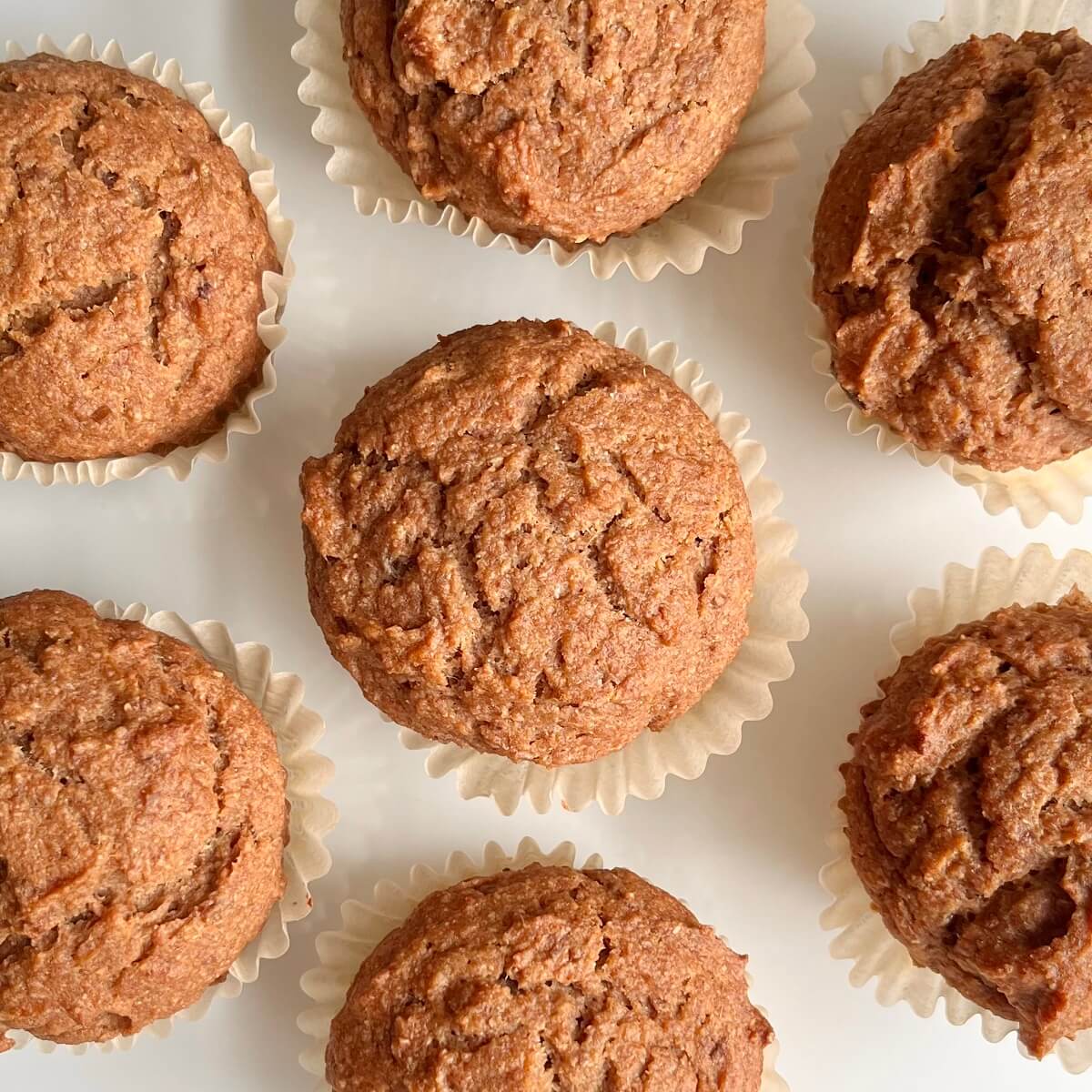 Seven date muffins on a white plate.