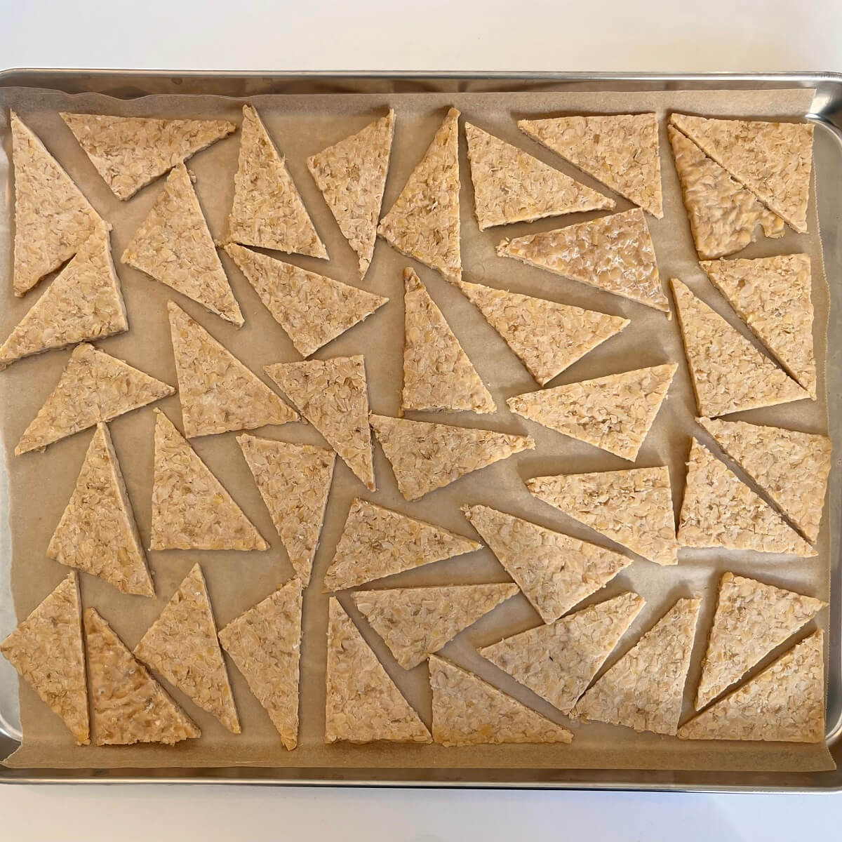 Raw tempeh pieces on a sheet pan.