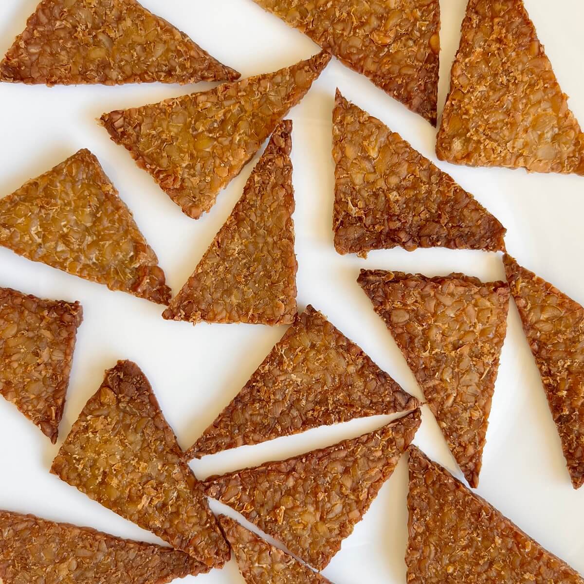 Tempeh chips on a white plate.