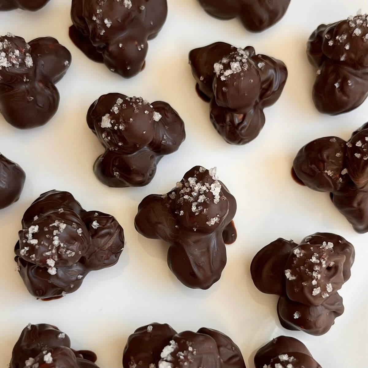 Chocolate covered hazelnuts on a white plate.