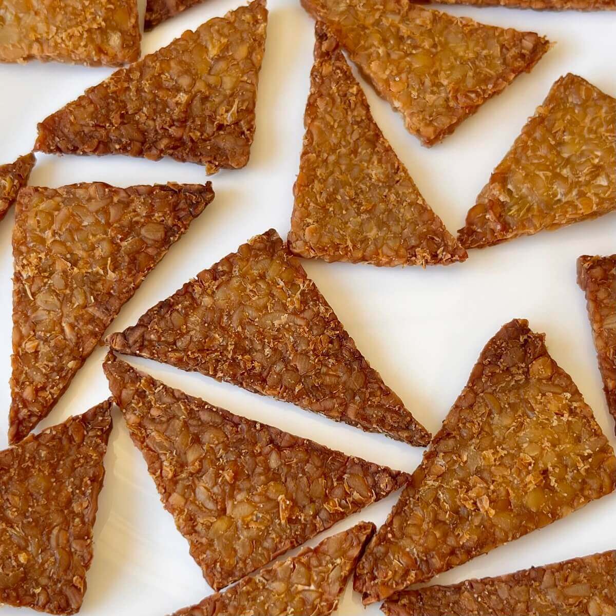 Crispy pieces of tempeh on a white plate.