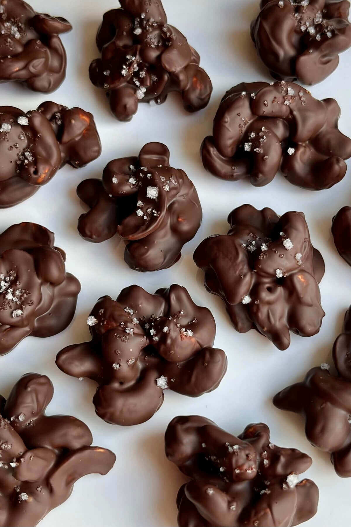 Chocolate dipped cashews on a white plate.