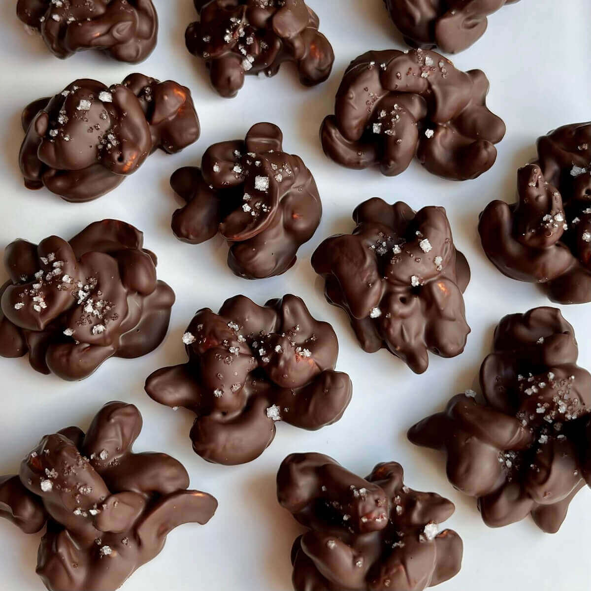 Dark chocolate covered cashews sprinkled with sea salt on a white plate.