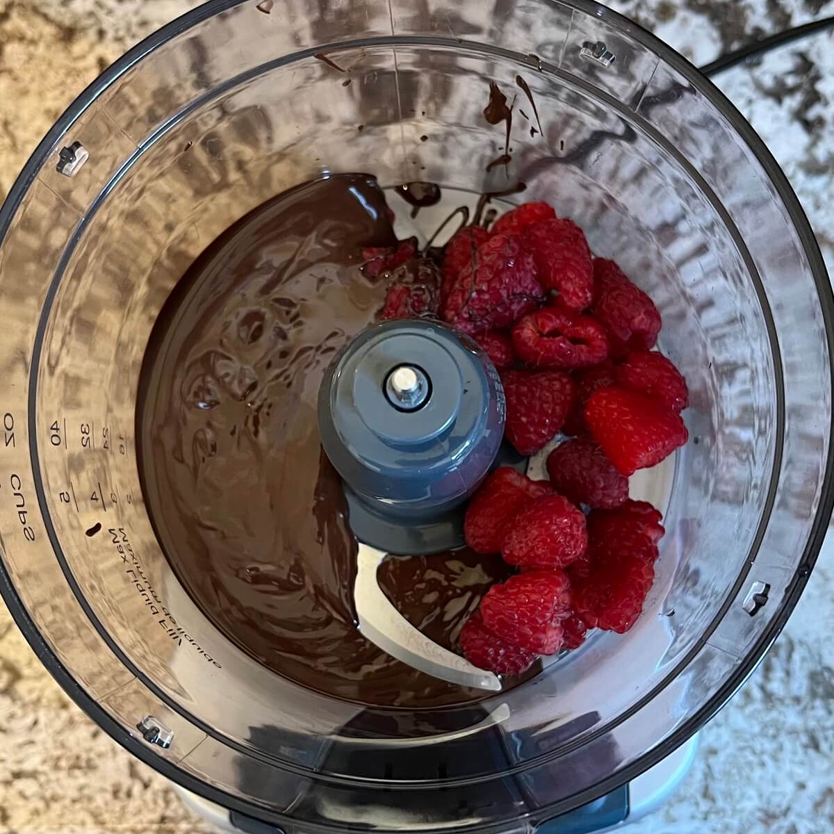 Raspberries and melted chocolate in a food processor.