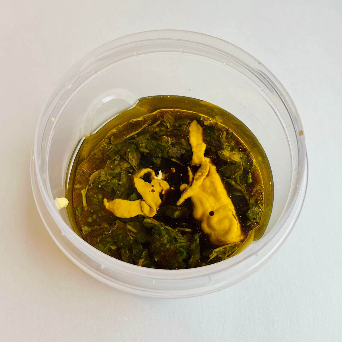 Ingredients for balsamic dressing in a plastic container.