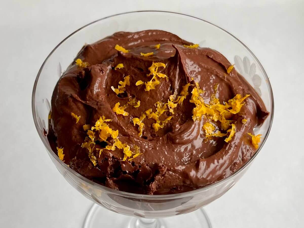 Chocolate orange pudding in a glass dish.