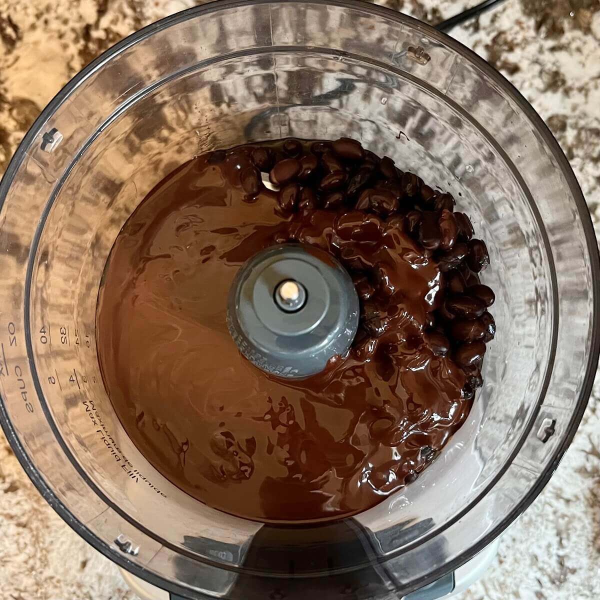 Melted chocolate, black beans, and vanilla in a food processor.