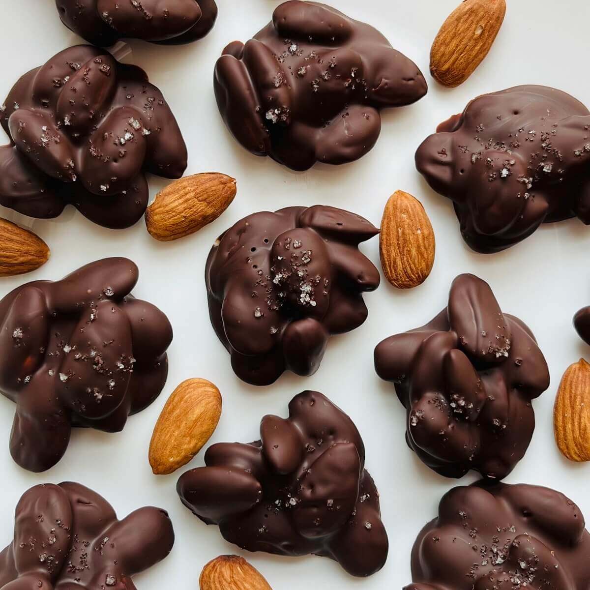 Almond chocolate clusters and whole almonds on a white plate.