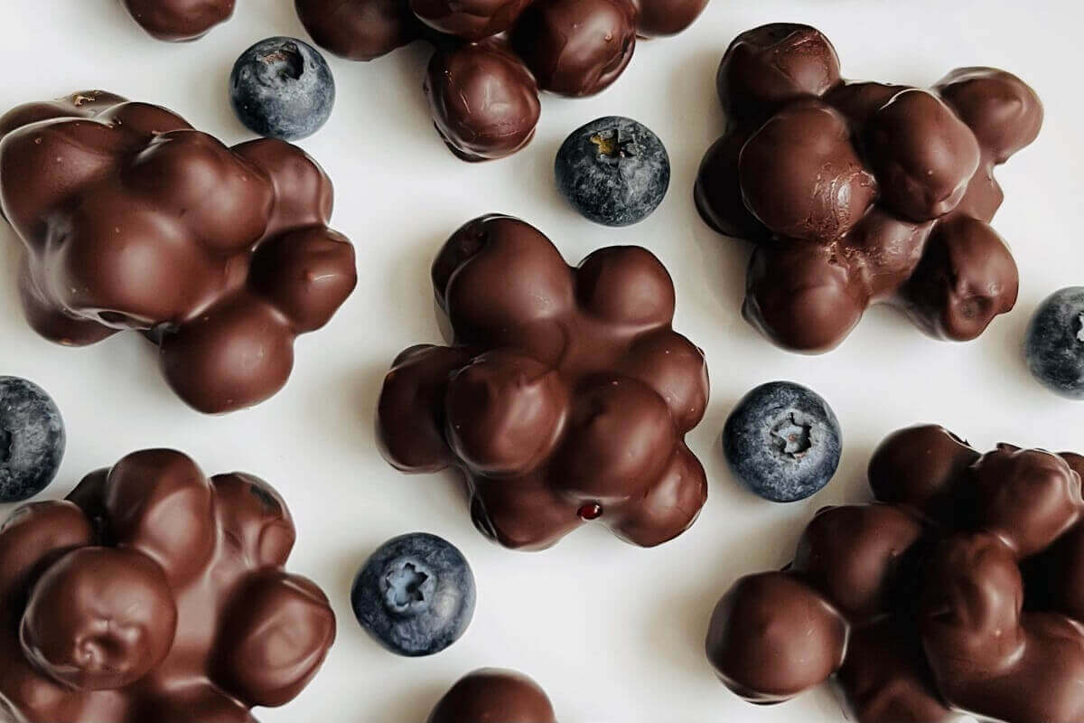 Blueberry chocolate treats on a white plate.