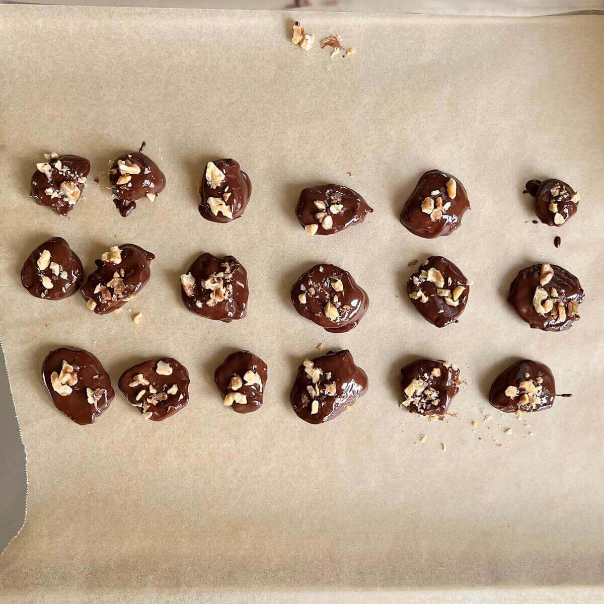Chocolate coated prunes on a sheet pan lined with parchment paper.