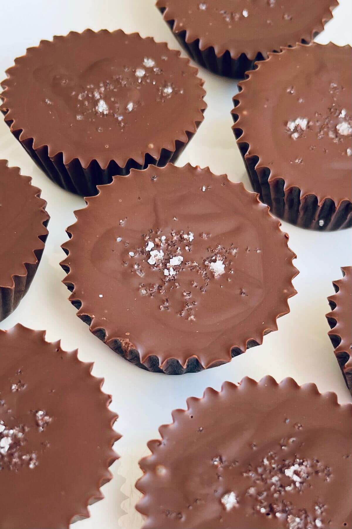 Sunflower seed butter chocolate treats on a white plate.