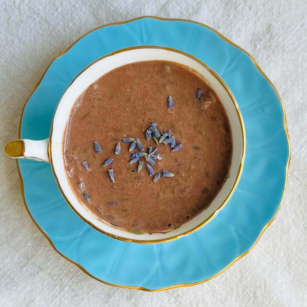 Lavender hot chocolate in an antique teacup.
