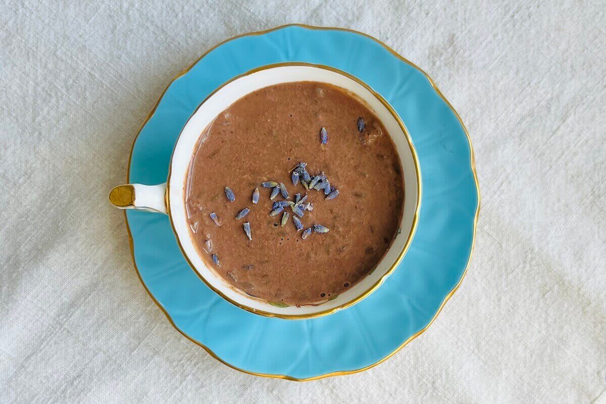 Lavender hot cocoa in a teacup.