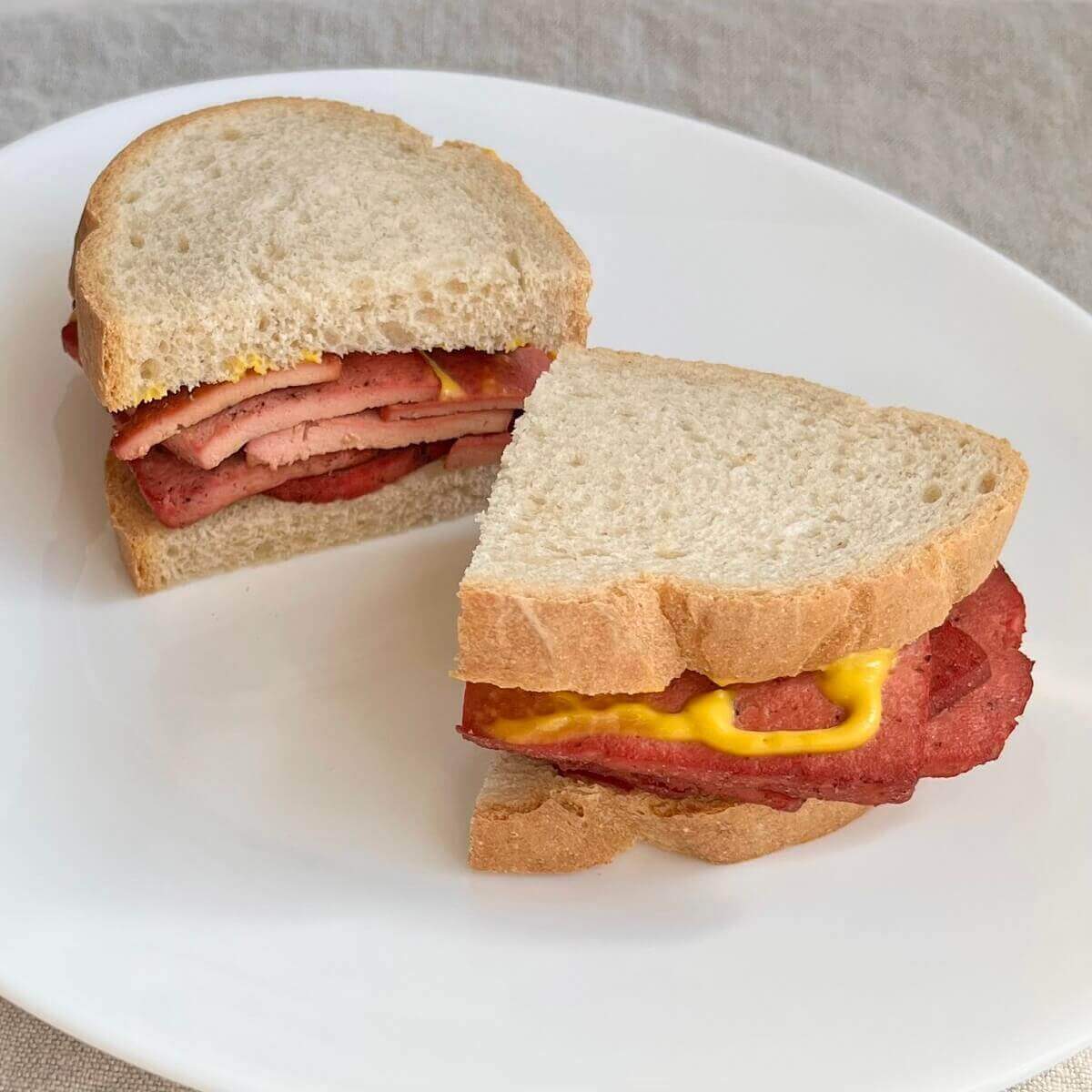 A tofu corned beef sandwich on a white plate.