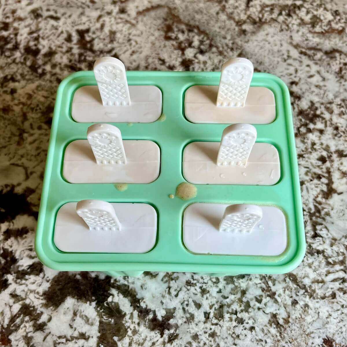 A silicone popsicle mold on a granite countertop.
